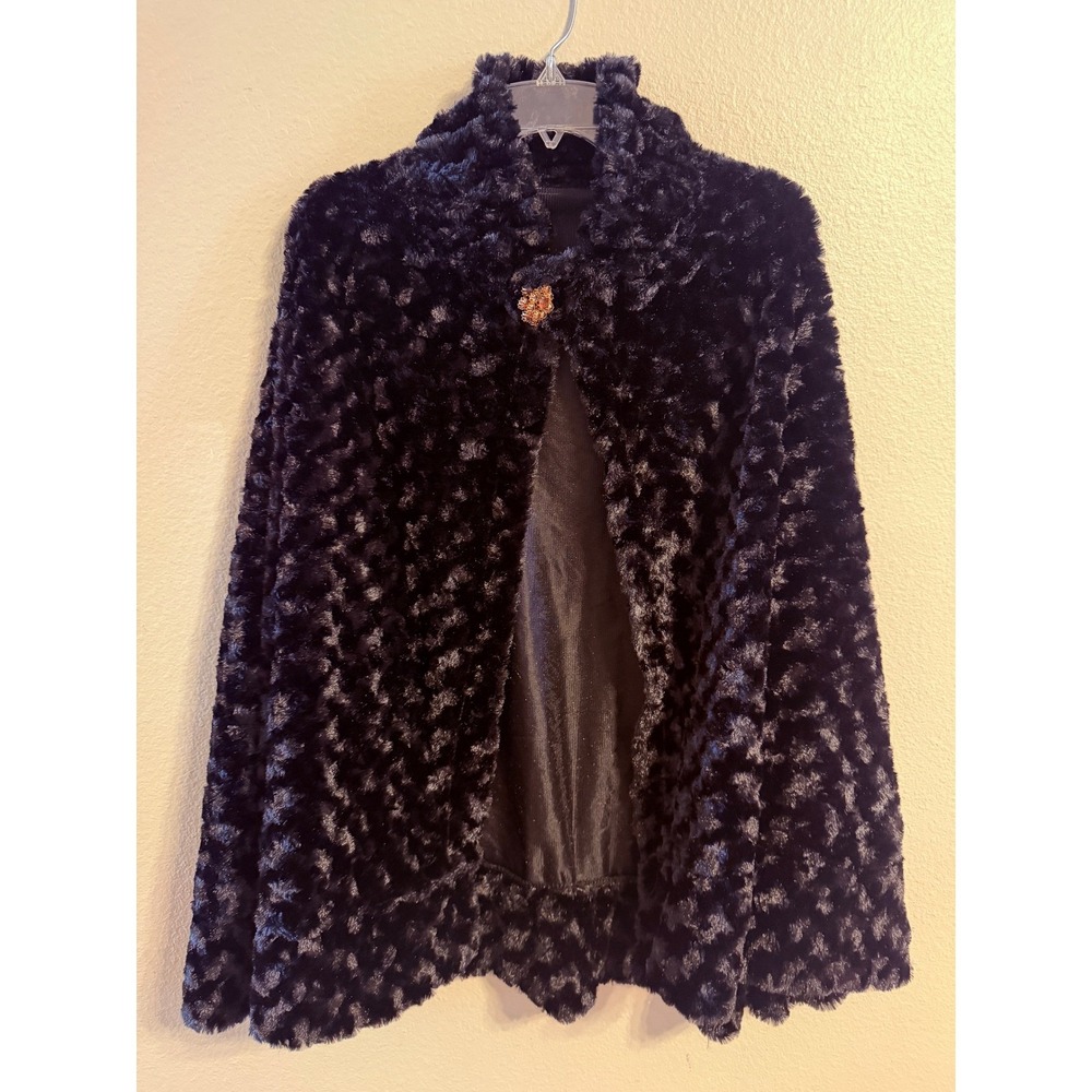 Jessica McClintock Faux Fur Cape Women One Size Black Excellent Brooch Wrap